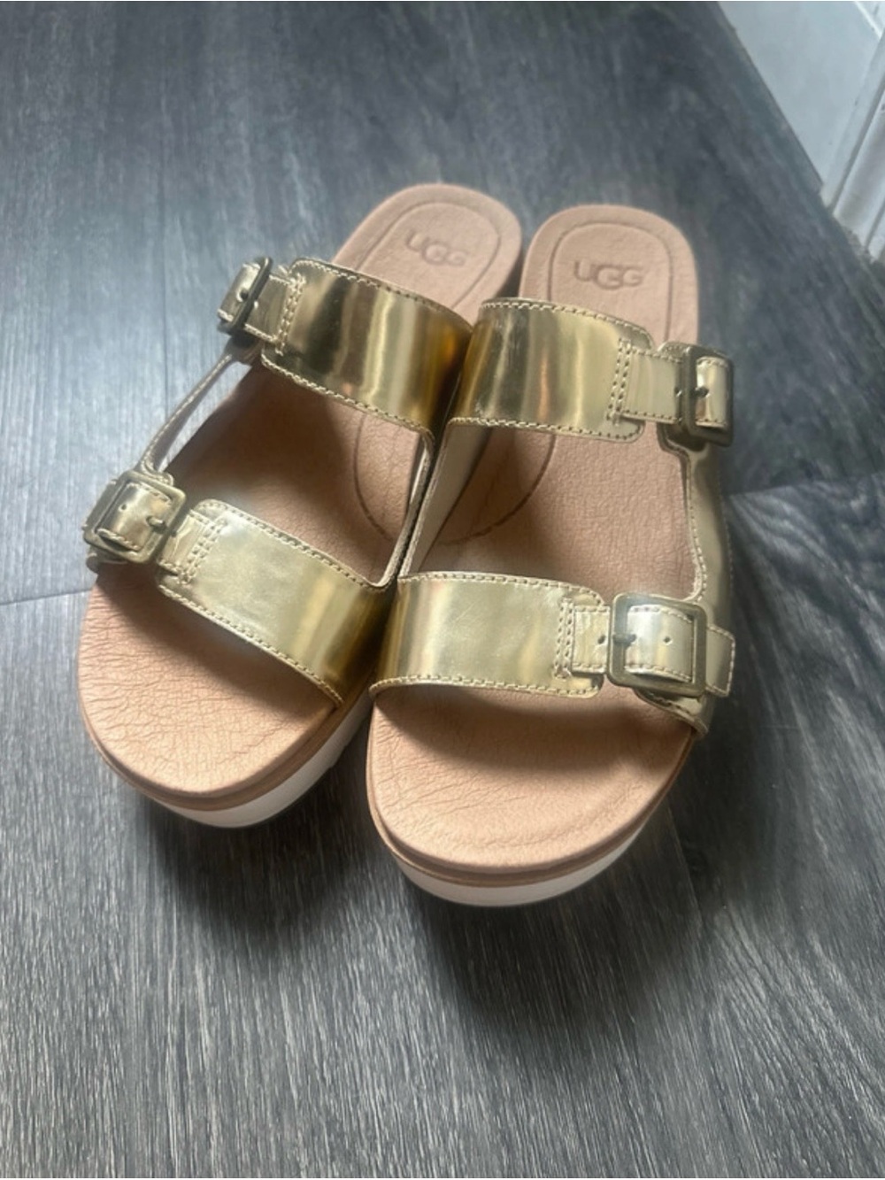 UGG Kids Metallic Gold Double-Buckle Slide Sandals